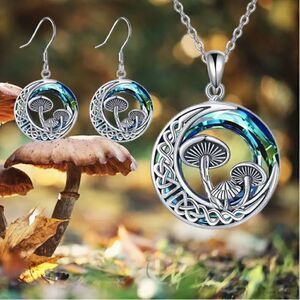 Cute Hollow Mushroom Moon Blue Round Necklace Earrings Set Silver tone Toadstool